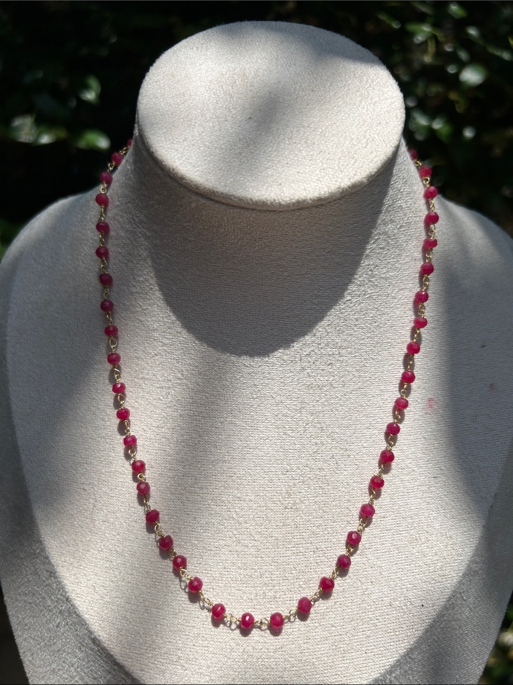 Gold Over Sterling Silver Ruby Station Necklace 16 1/4”